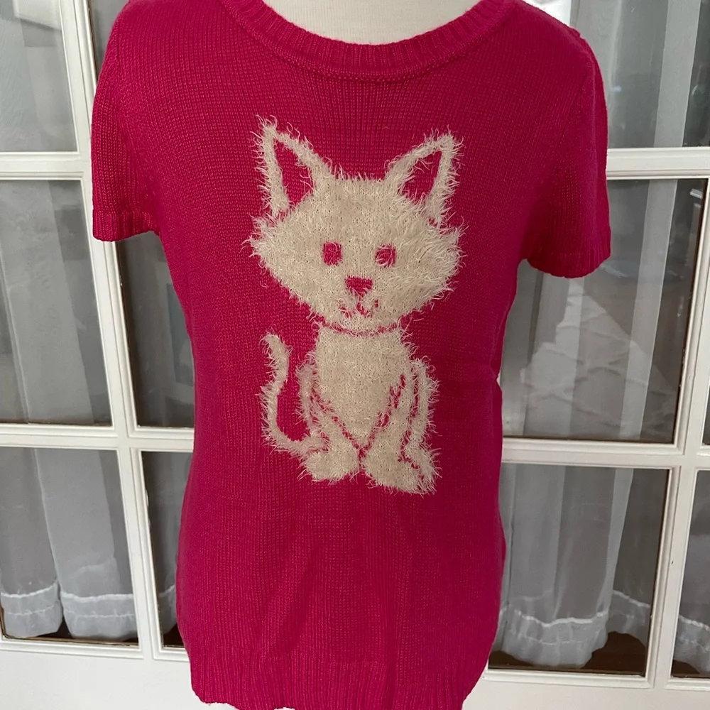 Girls 12 Justice hot pink cat sweater soft fall winter